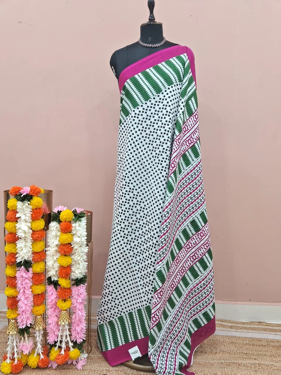 Black-White with Green & Magenta Border Mulmul Cotton Saree