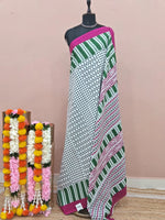 Black-White with Green & Magenta Border Mulmul Cotton Saree