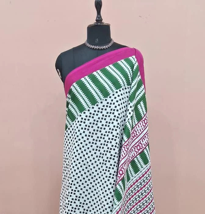 Black-White with Green & Magenta Border Mulmul Cotton Saree 1