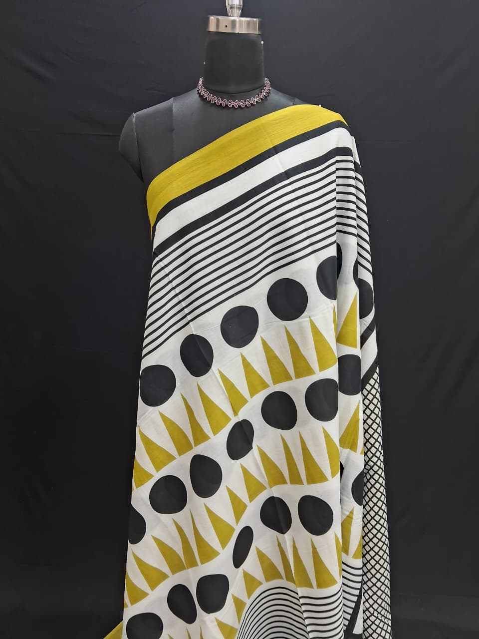 Olive green & Black printed polka dots – Mulmul Cotton Saree 1