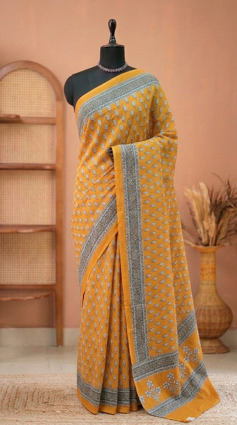 Mustard Ochre Mulmul Cotton Saree 