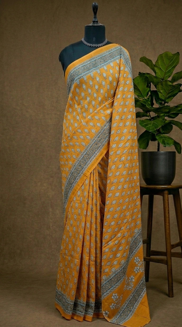 Mustard Ochre Mulmul Cotton Saree 