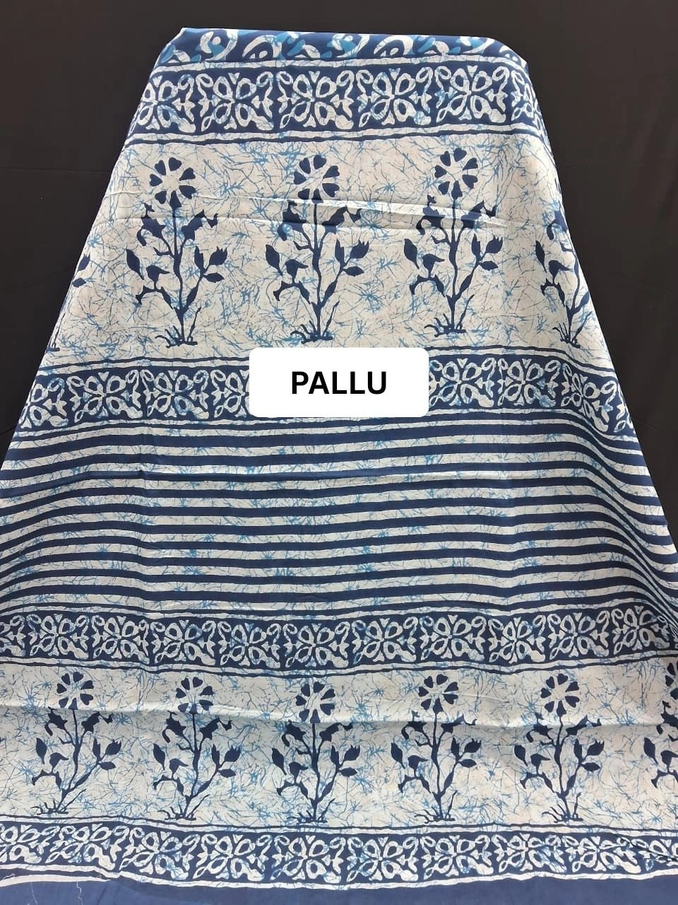 Ocean Breeze Blue & White Handblock Mulmul Cotton Saree pallu