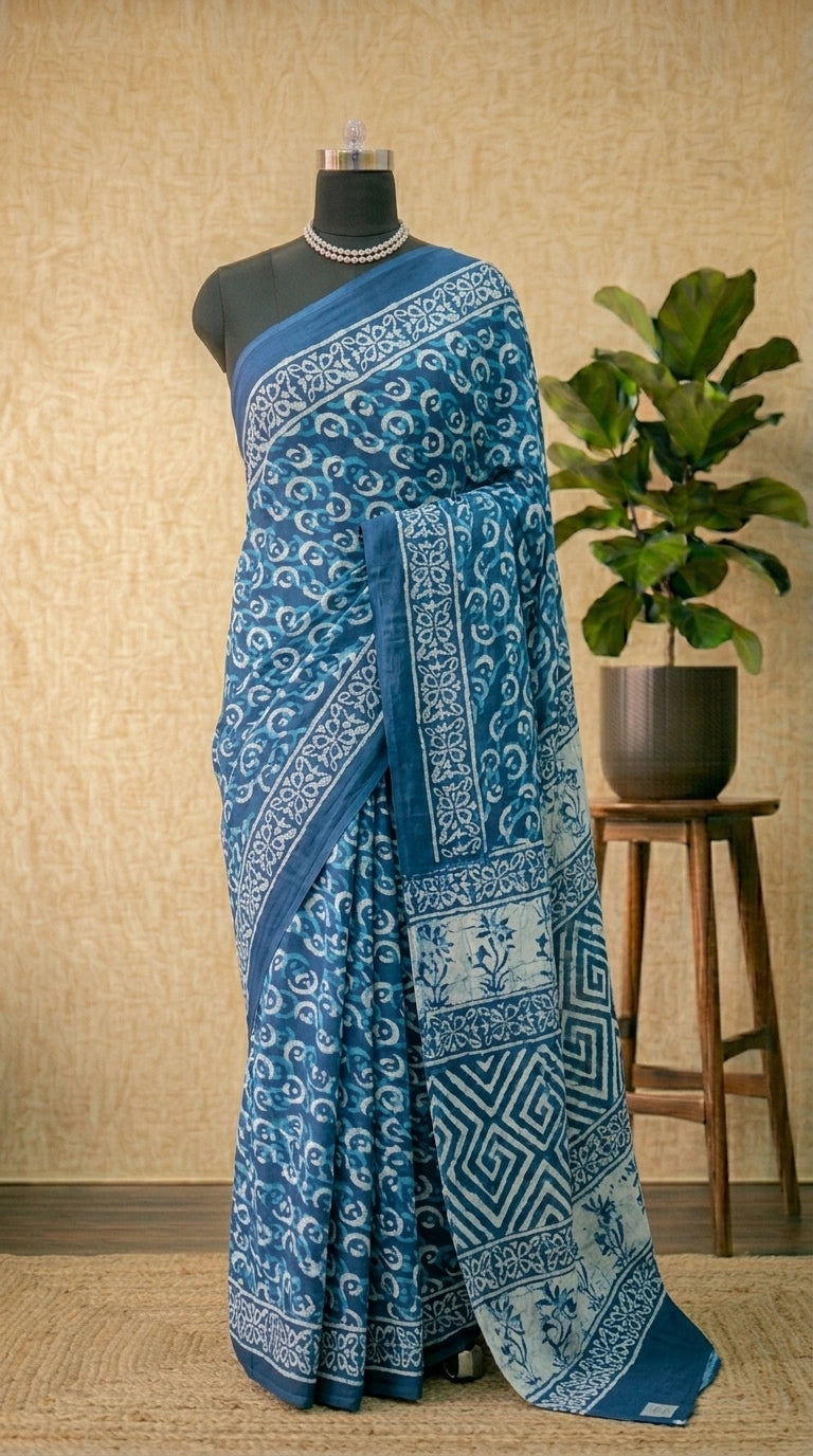 Ocean Breeze Blue & White Handblock Mulmul Cotton