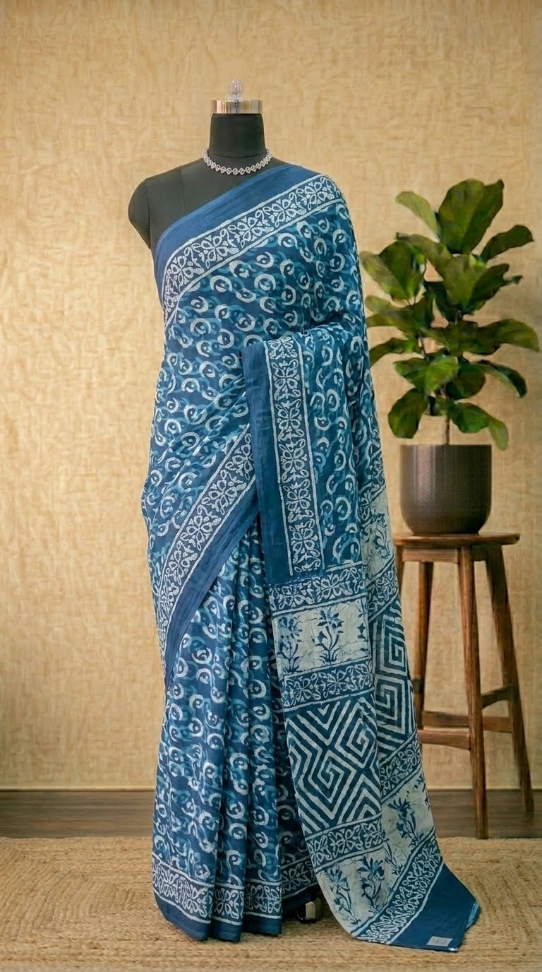 Ocean Breeze Blue & White Handblock Mulmul Cotton