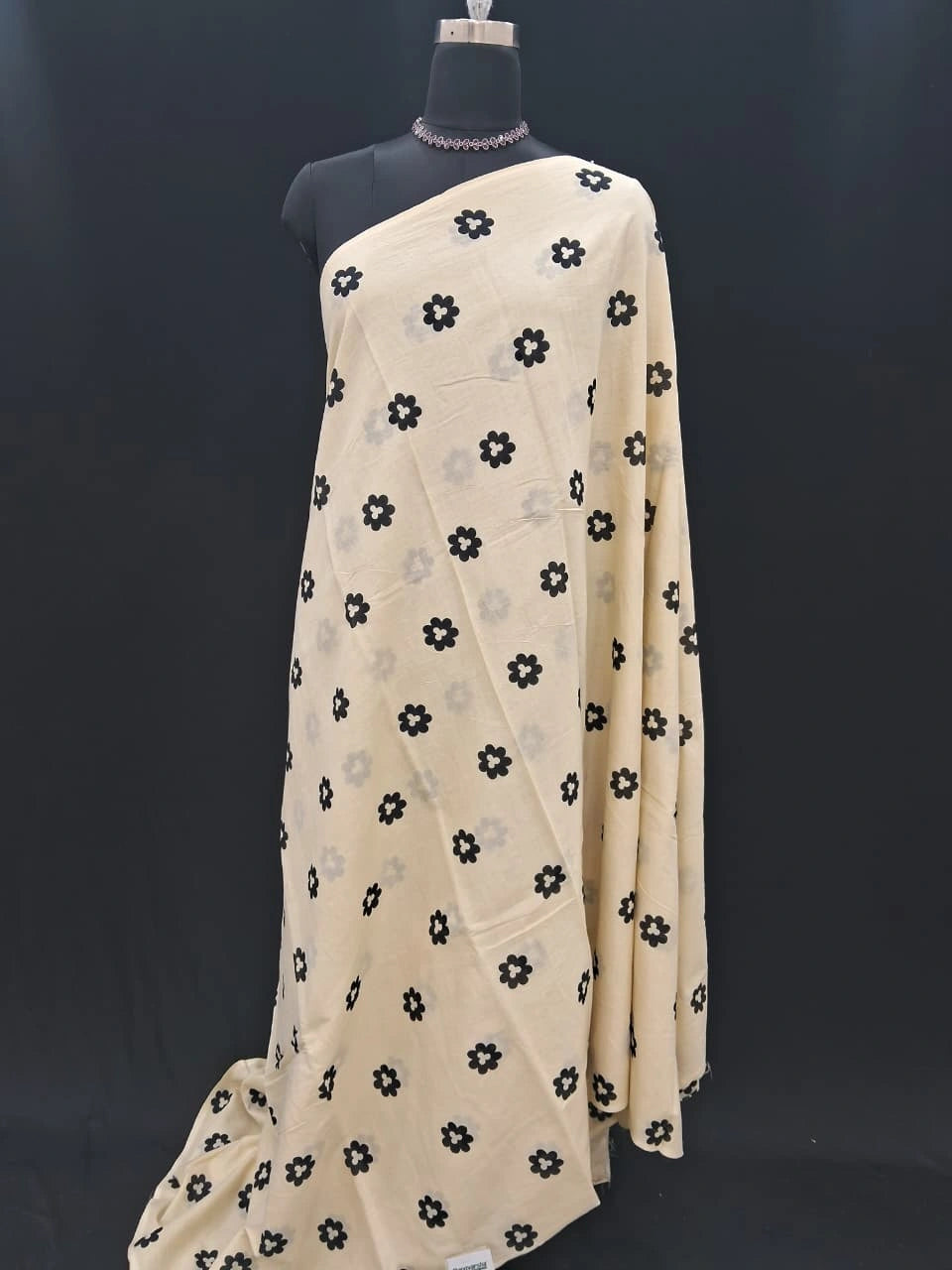 Beige & Black Floral Mulmul Cotton Saree