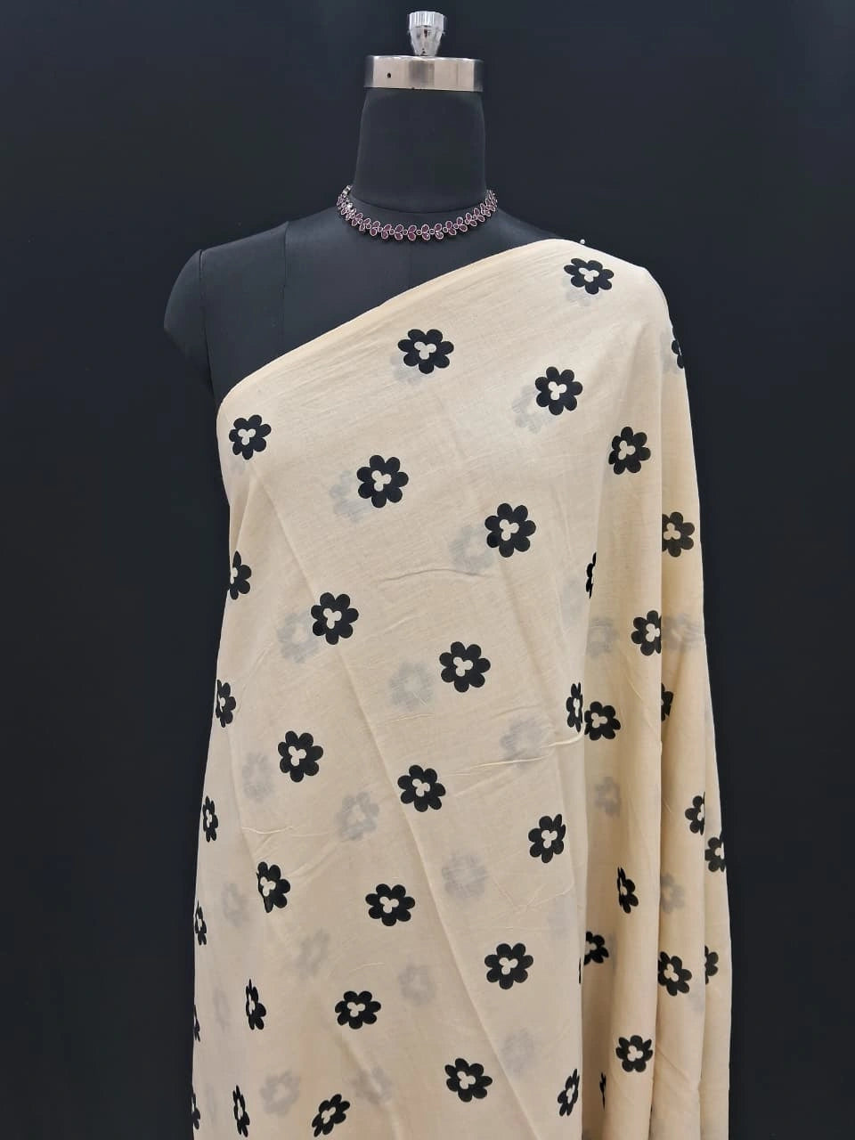 Beige & Black Floral Mulmul Cotton