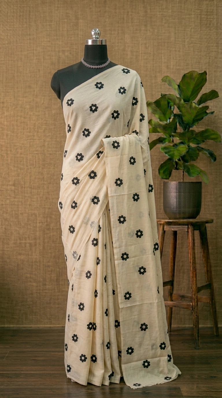 Beige & Black Floral Mulmul Cotton