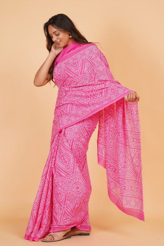 Pink Mulmul Cotton Saree