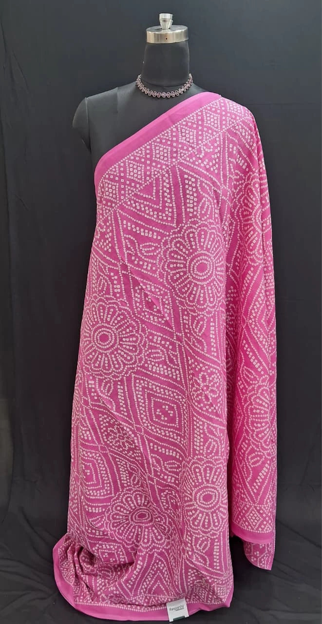 Vibrant Pink & White Printed Mulmul Cotton Saree