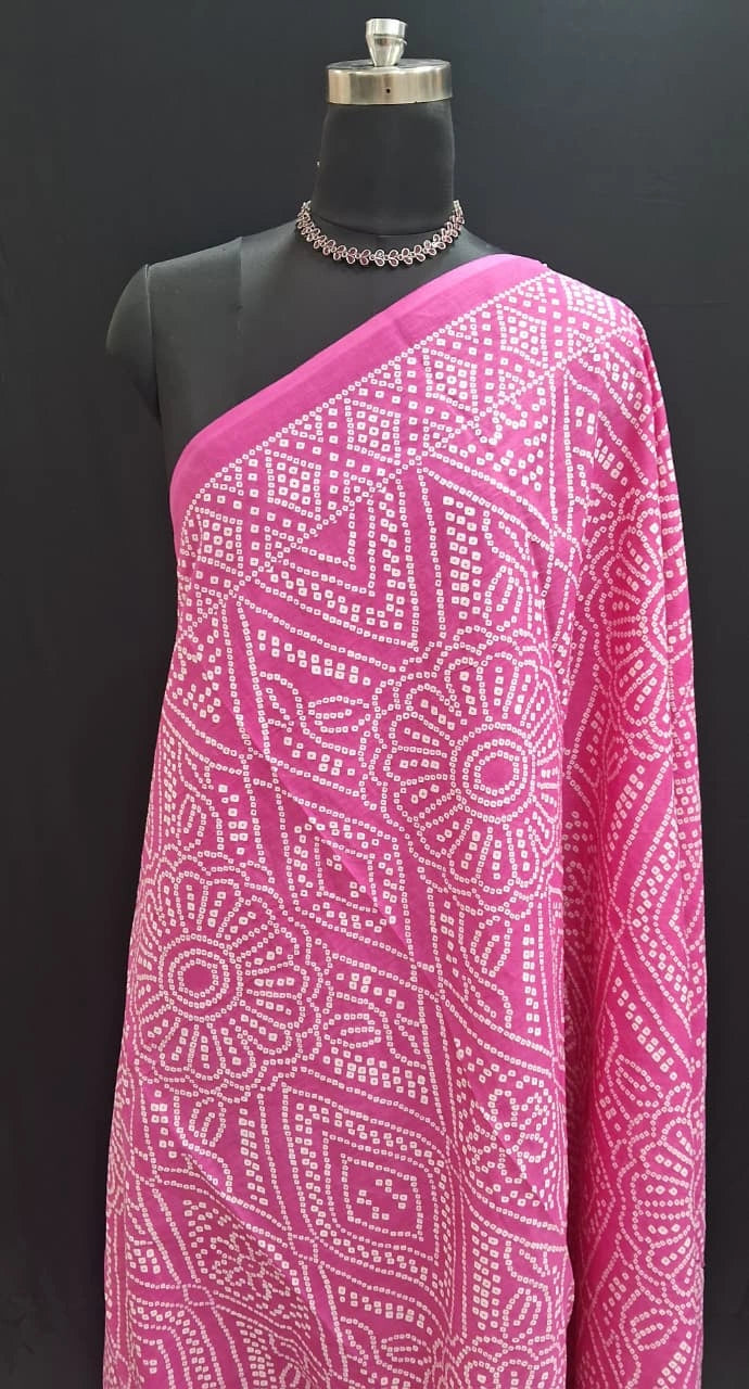 Vibrant Pink & White Printed Mulmul Cotton Saree