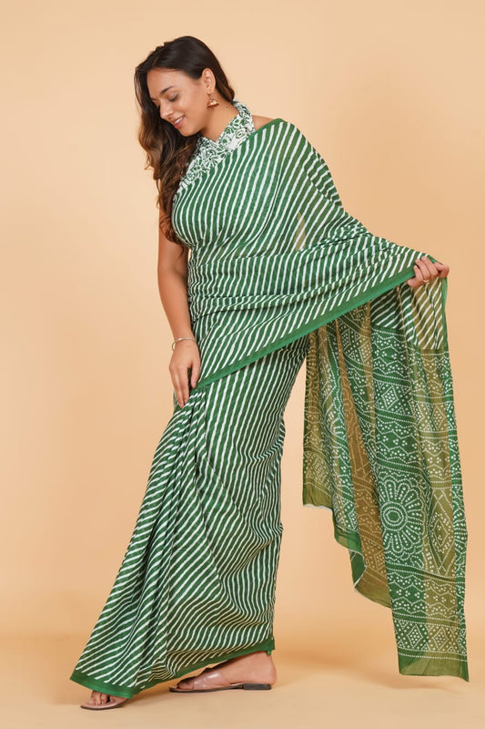 Bottle Green Mulmul Cotton Saree