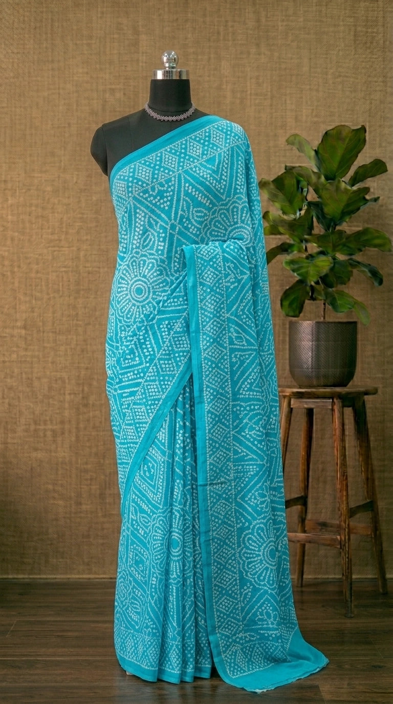 Aqua Blue Bandhani Printed Mulmul Cotton saree 
