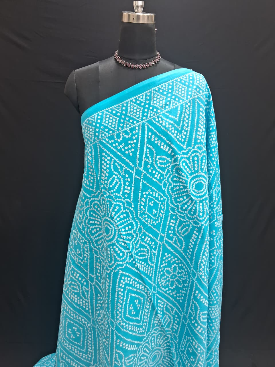 Aqua Blue Bandhani Printed Mulmul Cotton saree 1