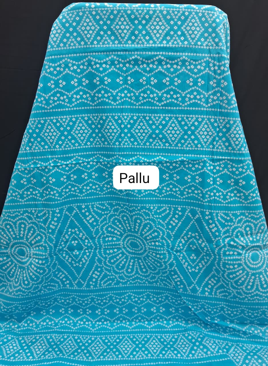 Aqua Blue Bandhani Printed Mulmul Cotton saree pallu