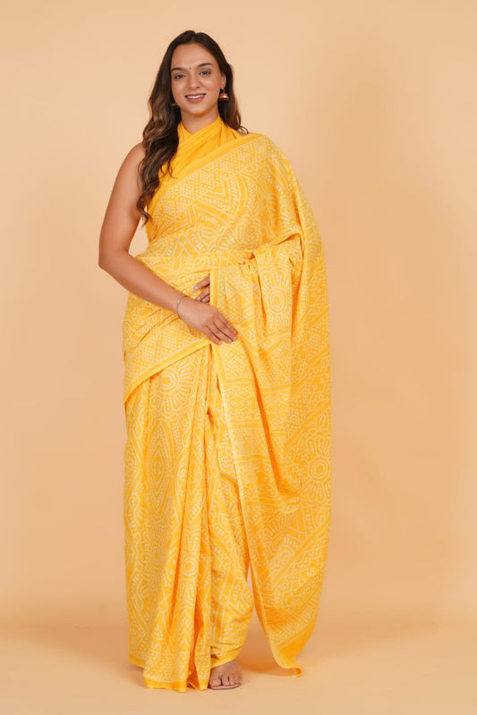 Mango Yellow Mulmul Cotton Saree