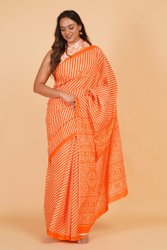 Orange Mulmul Cotton Saree