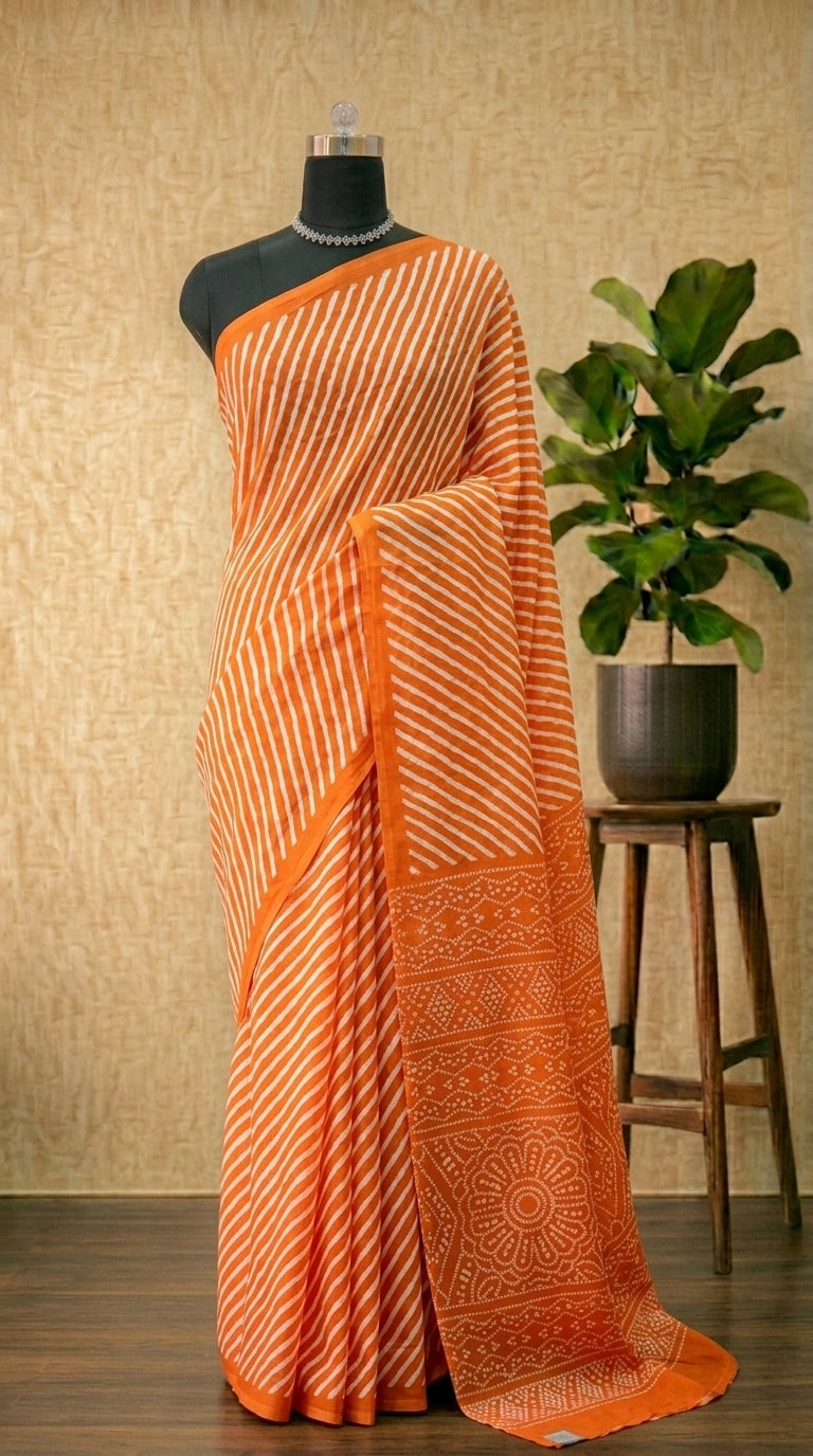 Vibrant Orange & White Striped Mulmul Cotton Saree