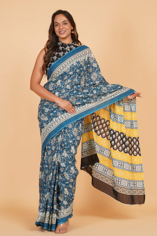 Blue Mulmul Cotton Saree