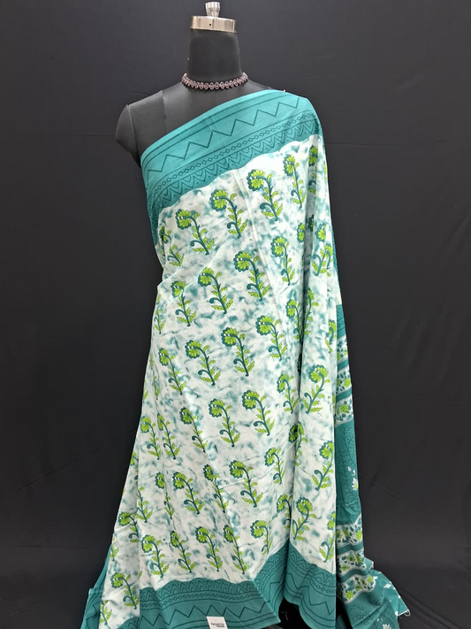 Turquoise and White Floral Printed Mulmul Cotton Saree