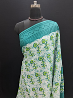 Turquoise and White Floral Printed Mulmul Cotton Saree 1