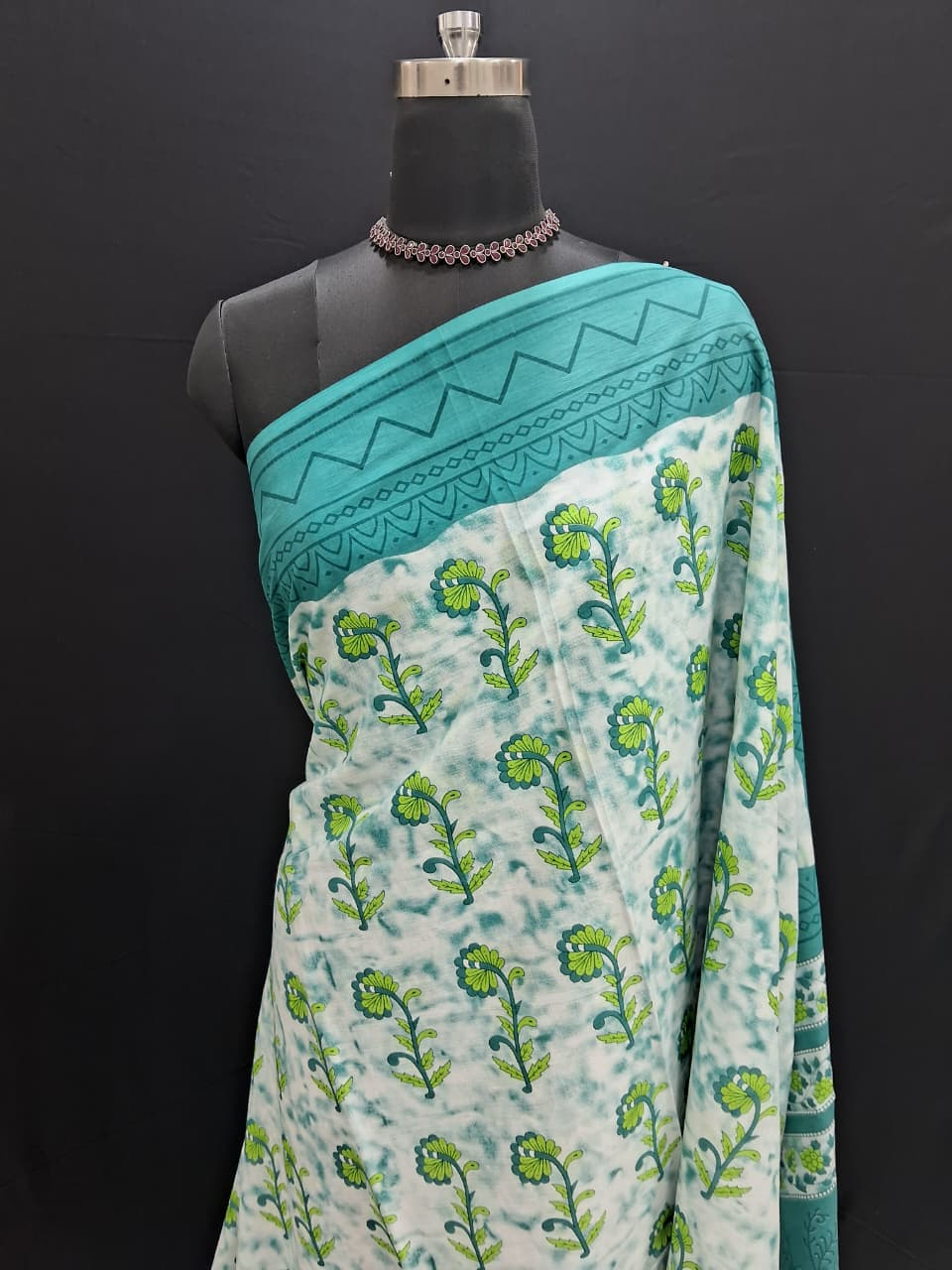Turquoise and White Floral Printed Mulmul Cotton Saree 1