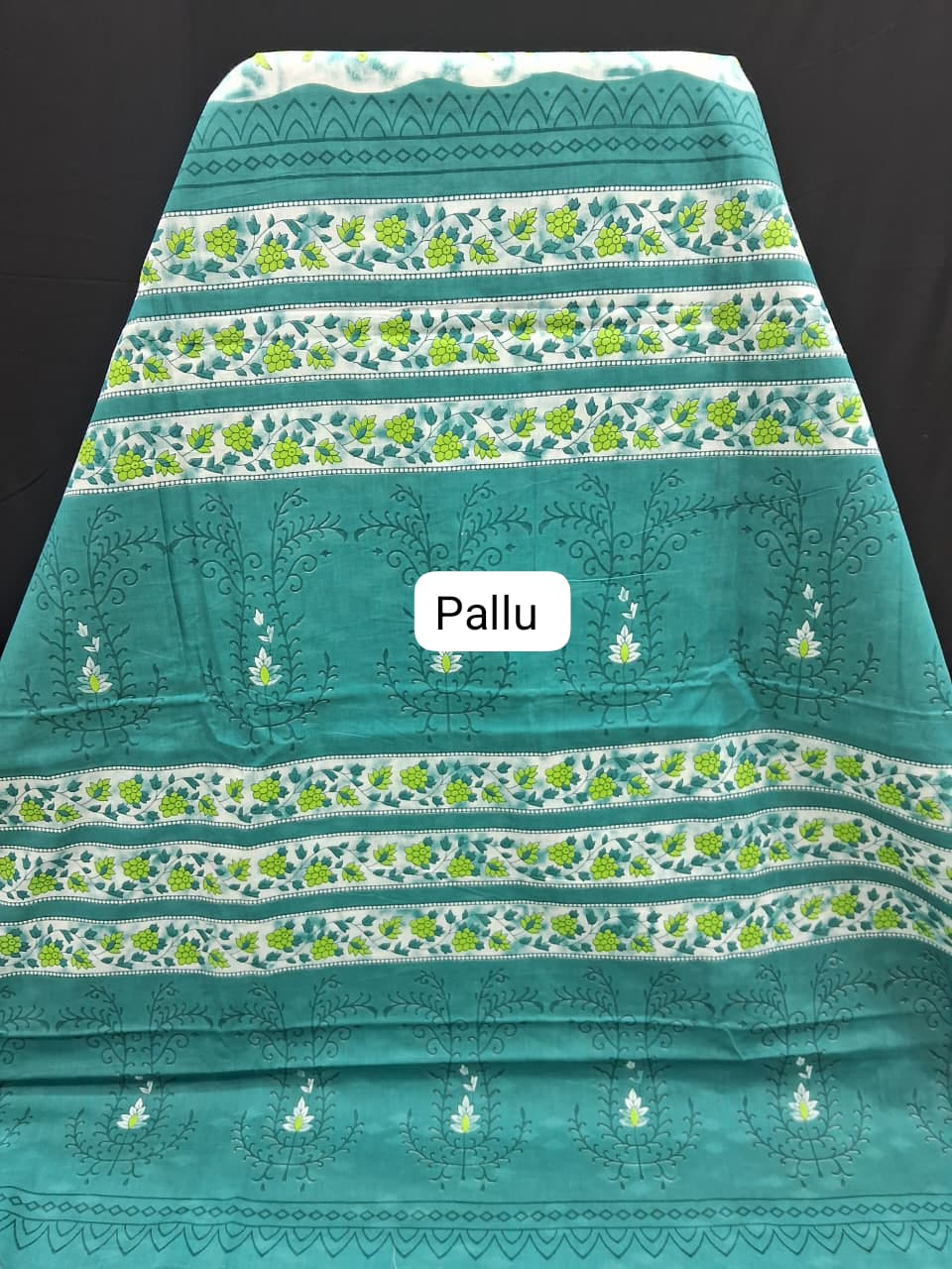 Turquoise and White Floral Printed Mulmul Cotton Saree pallu