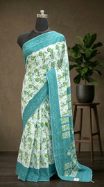 Turquoise and White Floral Printed Mulmul Cotton Saree