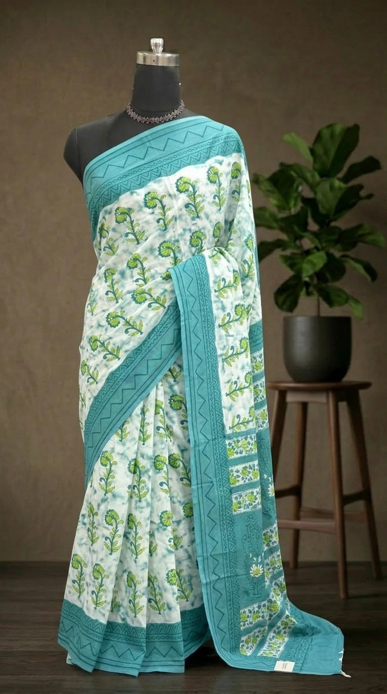 Turquoise and White Floral Printed Mulmul Cotton Saree