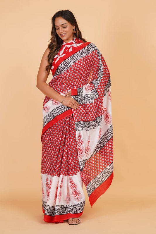 Red Mulmul Cotton Saree