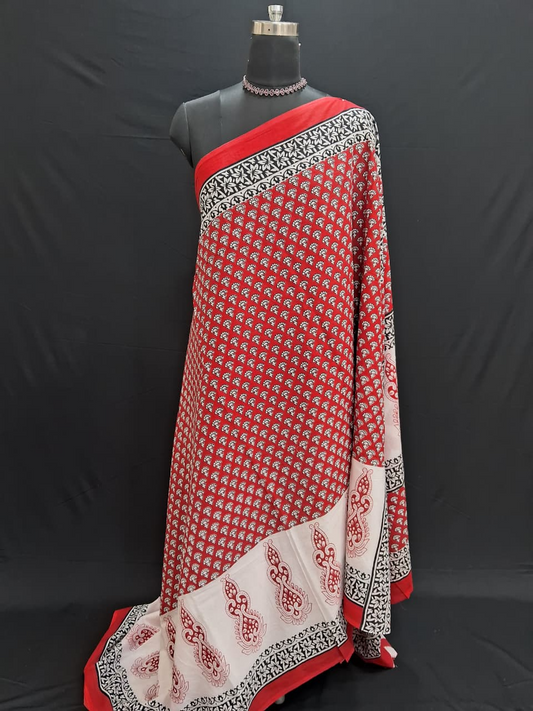 Red Mulmul Cotton Saree