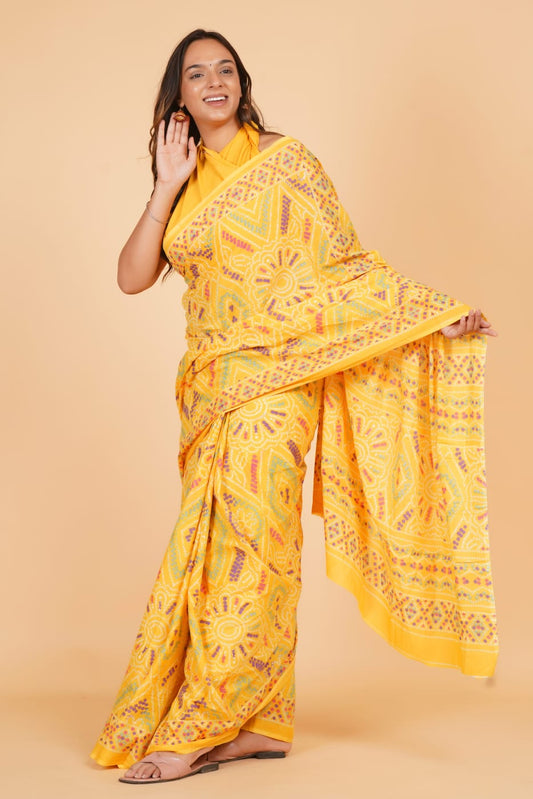 Mustard Yellow Mulmul Cotton Saree