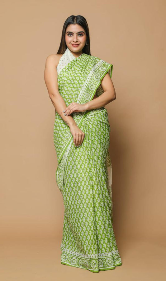 Pista green mulmul cotton saree