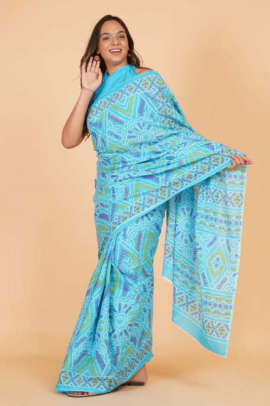 Aqua Blue Mulmul Cotton Saree