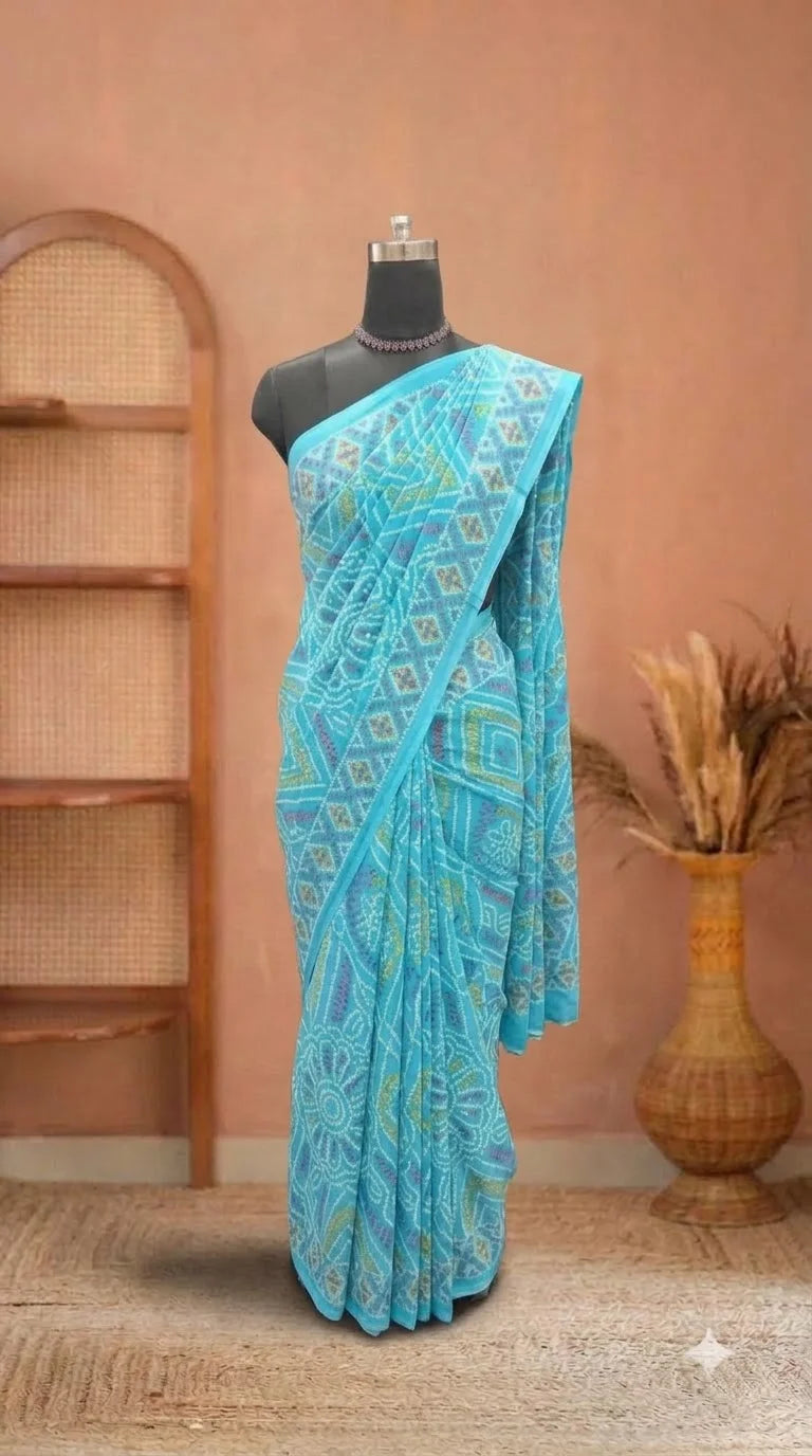 Aqua Breeze Geometric Print Mulmul cotton Saree