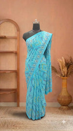 Aqua Breeze Geometric Print Mulmul cotton Saree