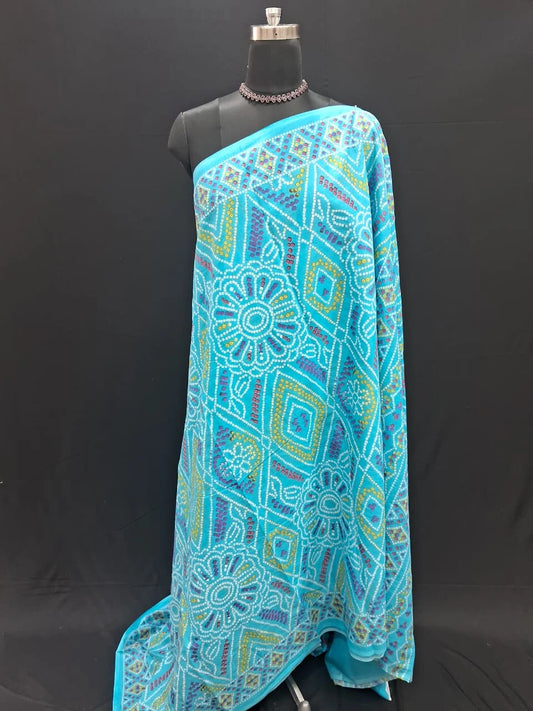 Aqua Breeze Geometric Print Mulmul cotton Saree