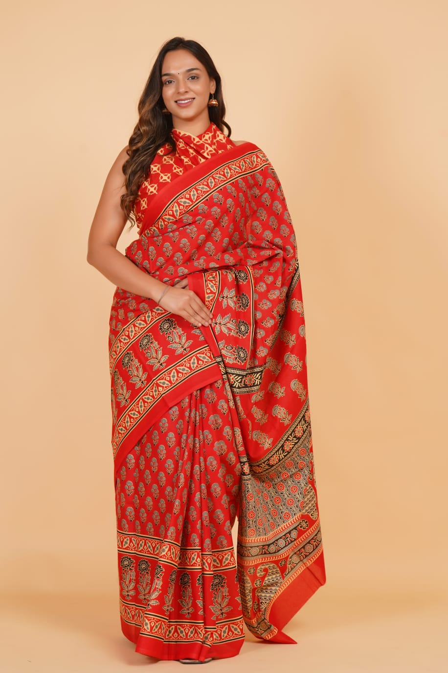 Red Mulmul Cotton Saree