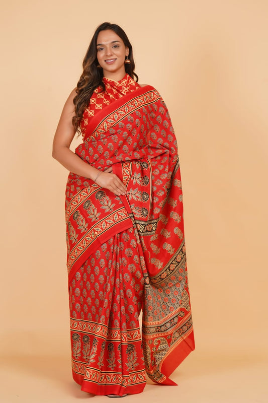 Red Mulmul Cotton Saree