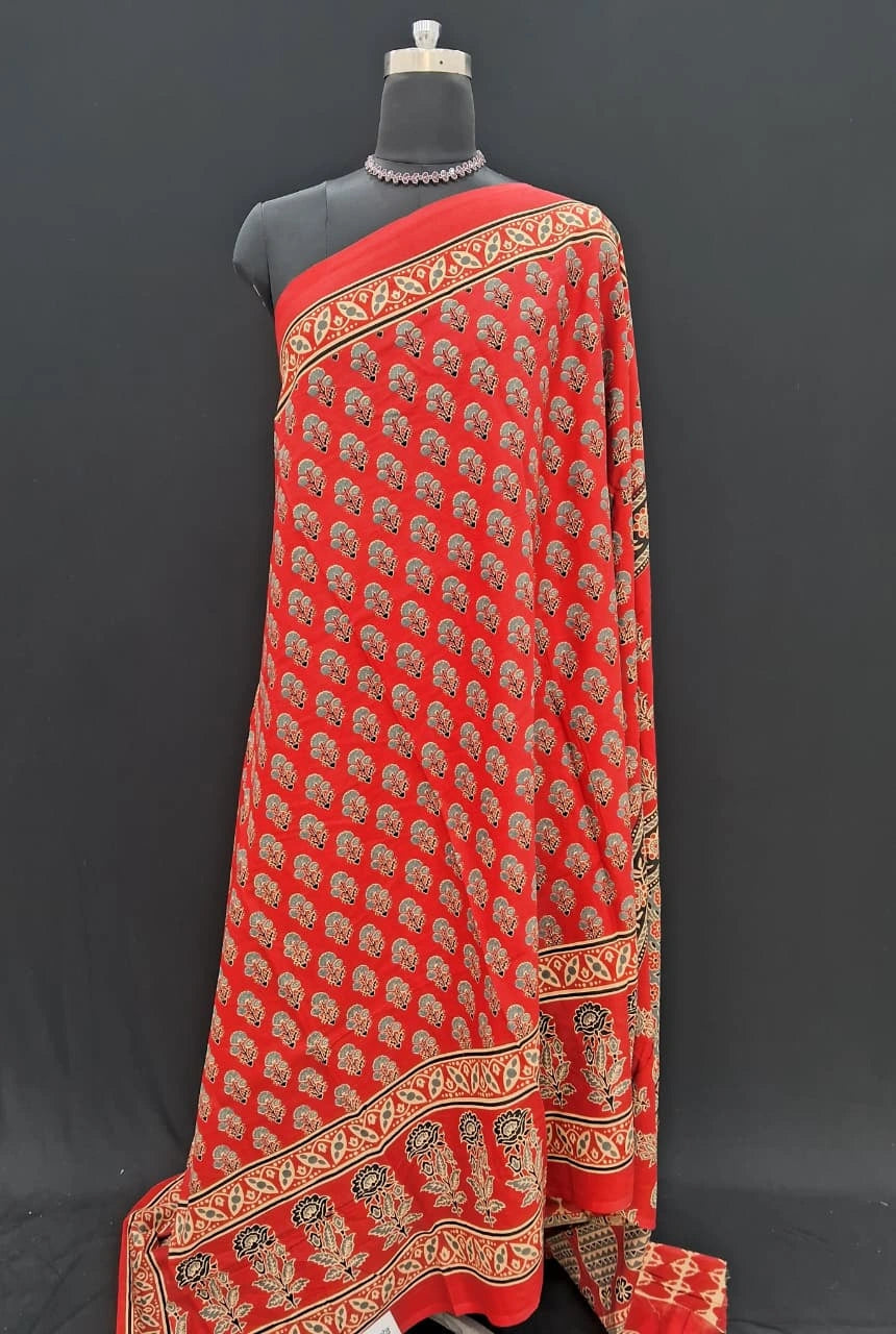 Red and grey Floral  Mulmul Cotton Saree