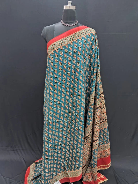 Teal and Crimson Mulmul cotton Saree