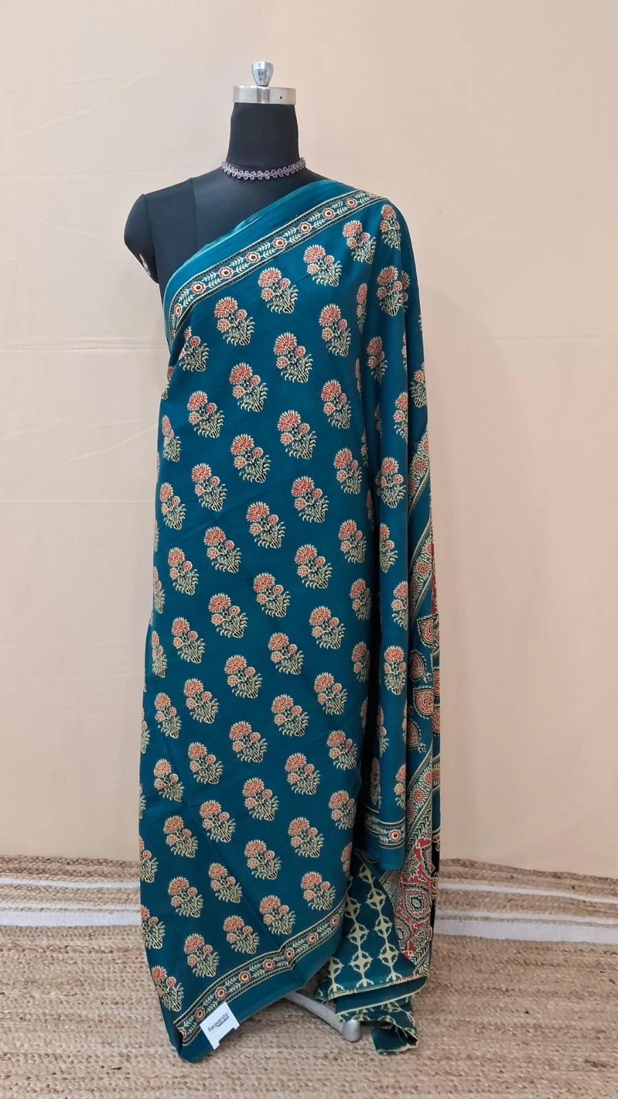 Dark Teal Mulmul Cotton Saree 