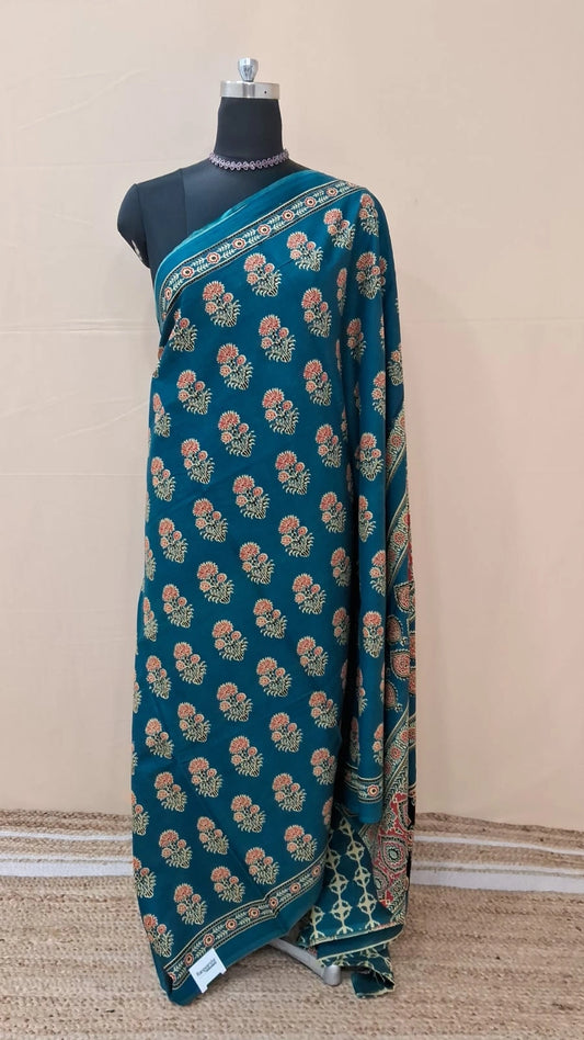Dark Teal Mulmul Cotton Saree 
