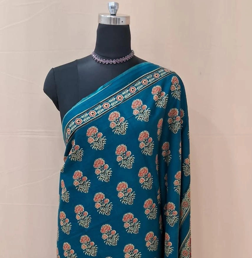 Dark Teal Mulmul Cotton Saree 1