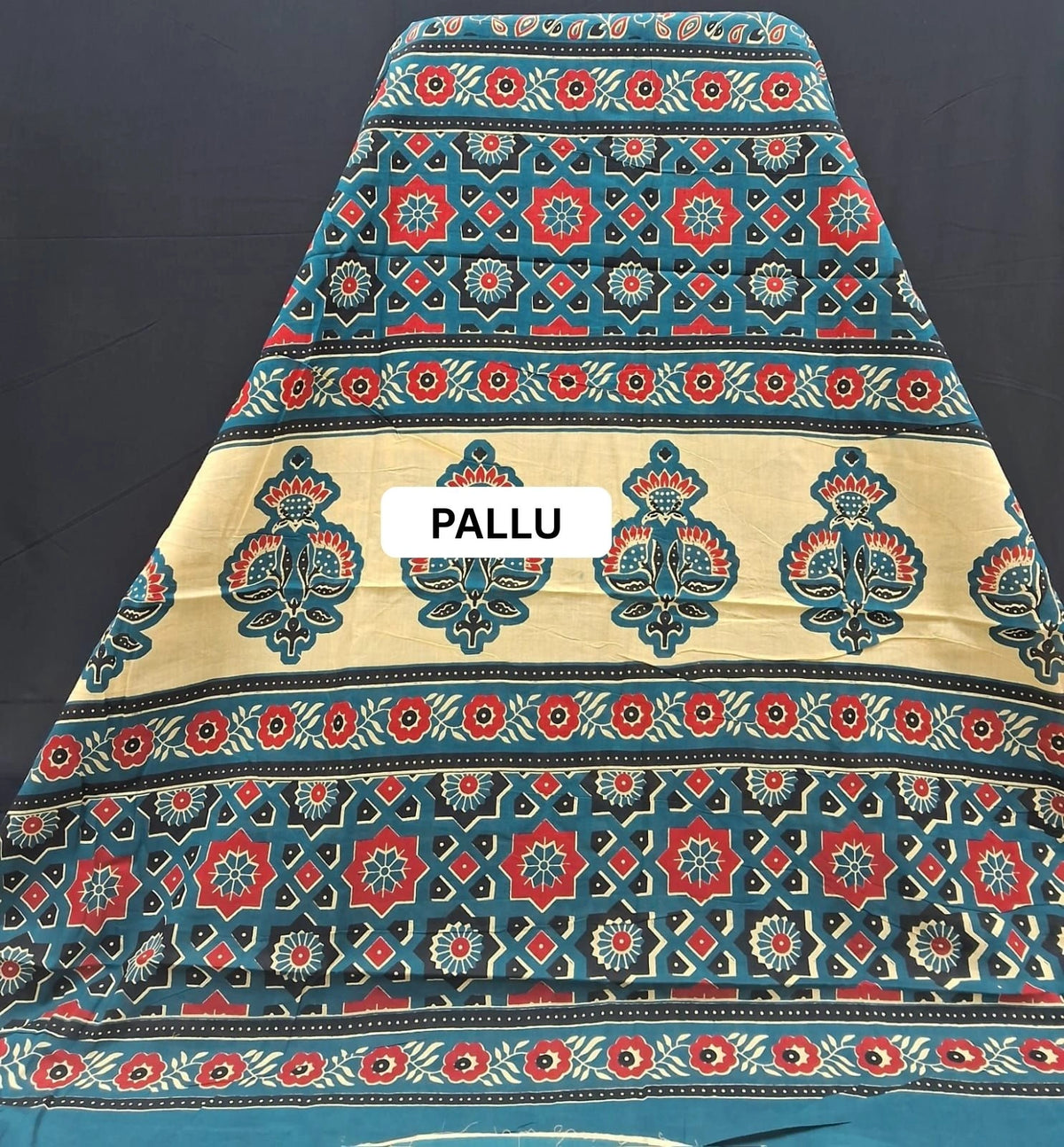 Teal Blue floral printed Mulmul Cotton Saree pallu