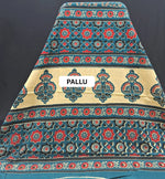 Teal Blue floral printed Mulmul Cotton Saree pallu