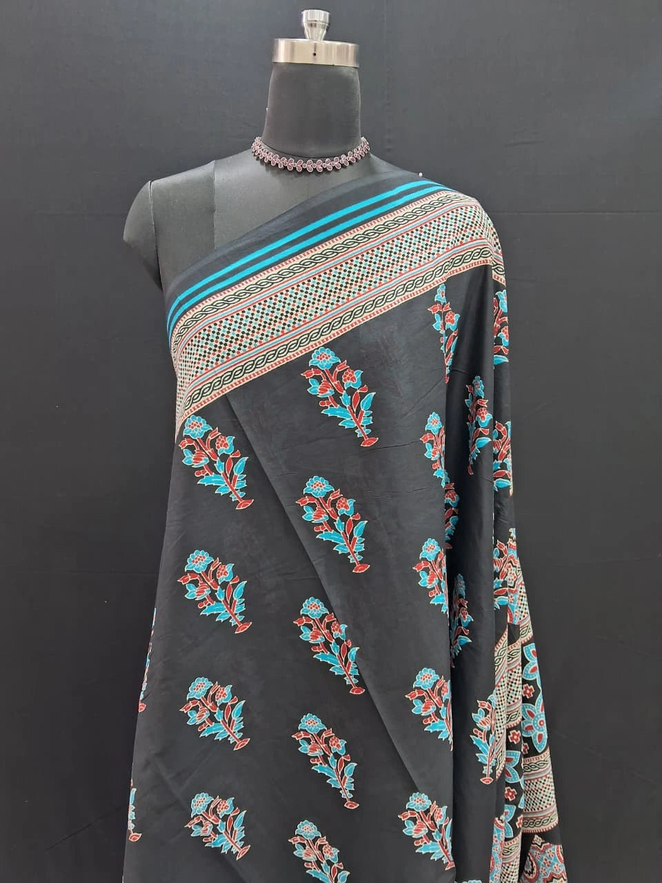 White floral print Black Mulmul Cotton