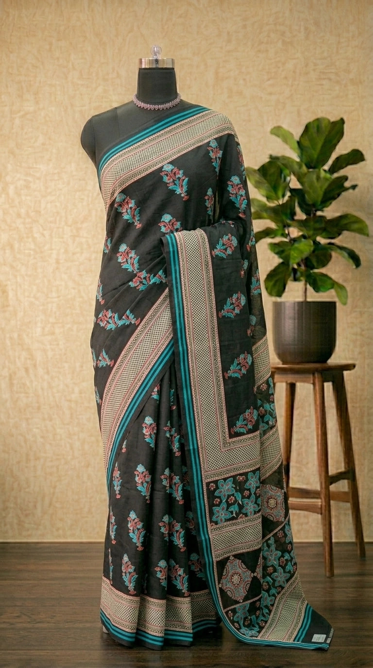 White floral print Black Mulmul Cotton Saree