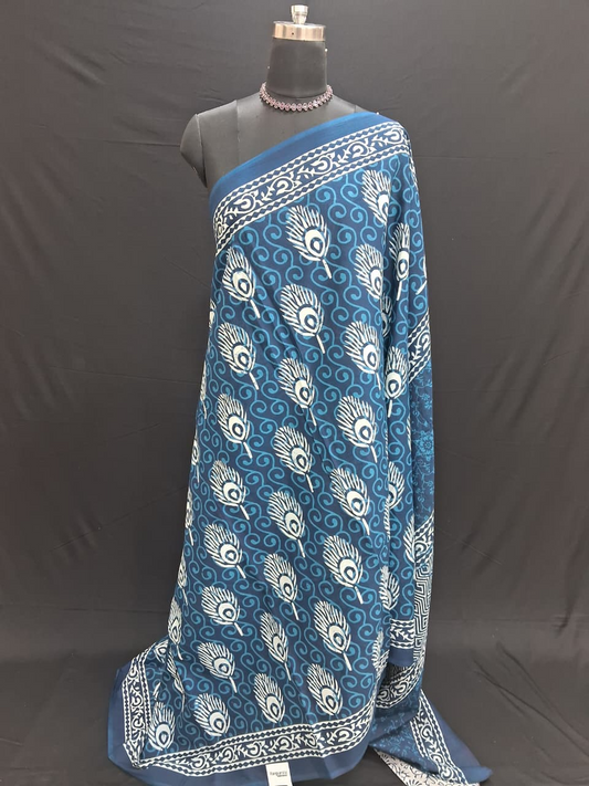 Indigo and White Ajrakh Printed Mulmul cotton saree