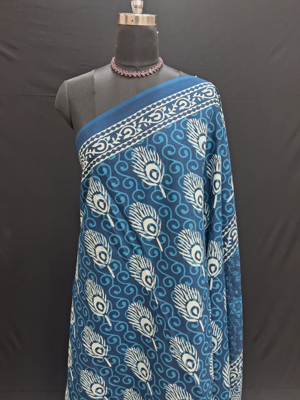 Indigo and White Ajrakh Printed Mulmul cotton saree 1